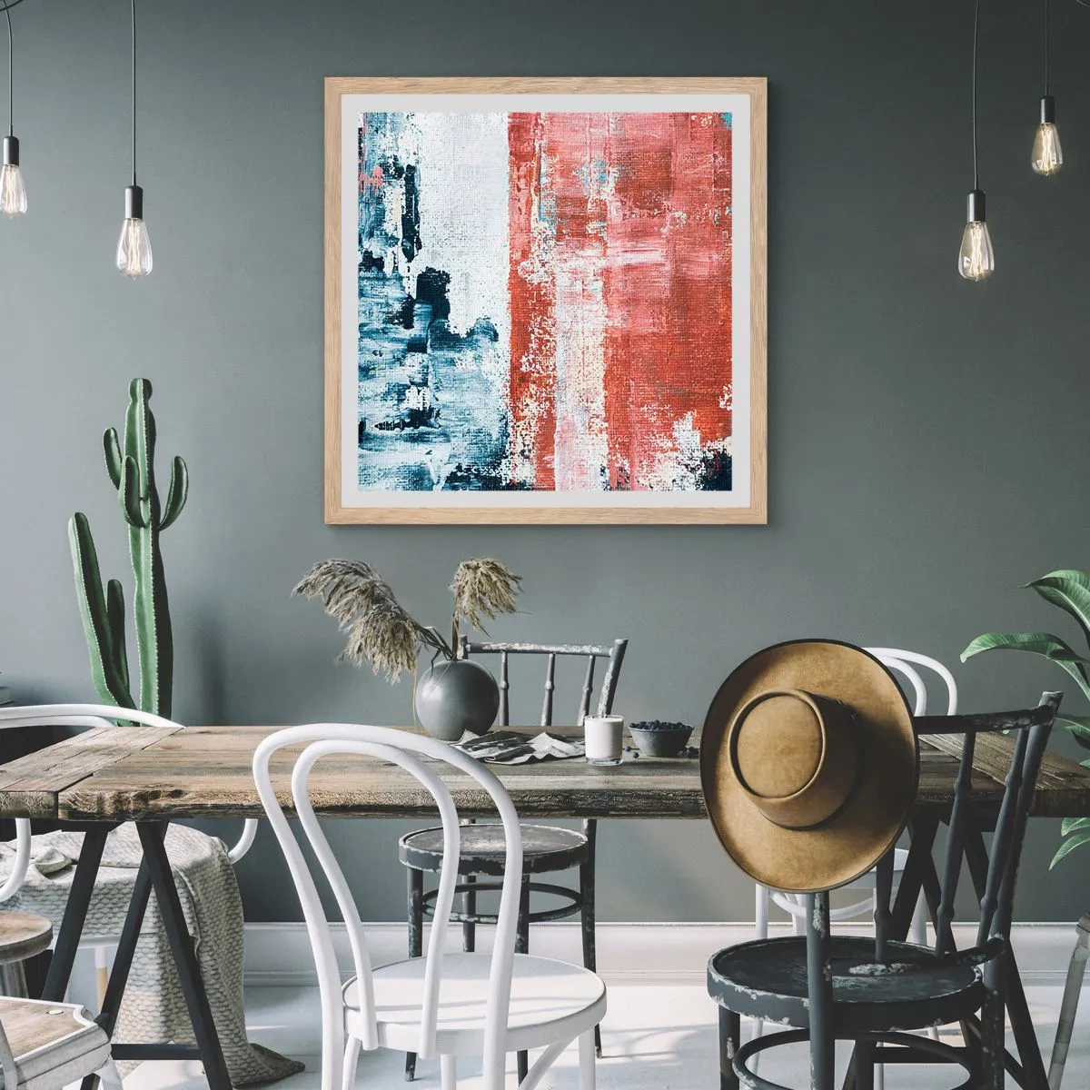 Een poster in een licht eiken lijst - Fifty Fifty abstract - 30x30 cm