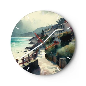 Wandklok - Klok - Een kustpad dat door mediterrane gebouwen loopt met uitzicht op zee - 30x30cm - Mediterrane stad - Moderne wanddecoratie voor woonkamer, keuken en slaapkamer ARTTOR