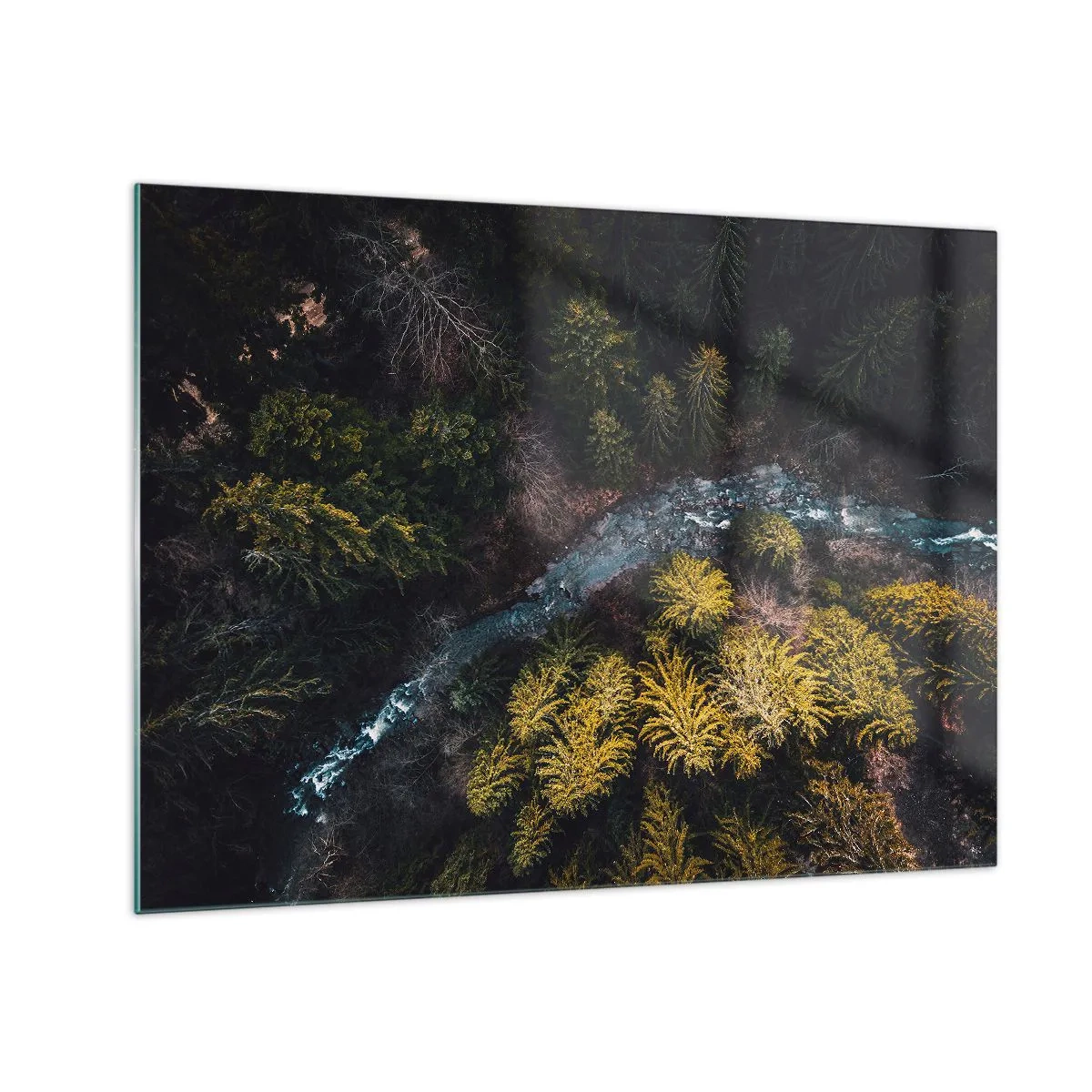 Schilderen op glas - Een vogelperspectief van een boslandschap met een kronkelende beek - 70x50cm - Snel, sneller en sneller - Moderne wanddecoratie voor woonkamer en slaapkamer ARTTOR