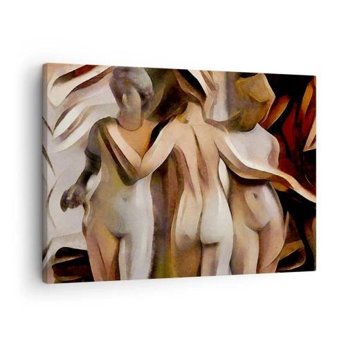 Schilderen op canvas - Een abstract tafereel met drie figuren in warme kleuren. - 70x50cm - Drie Gratiën 2.0 - Moderne wanddecoratie voor woonkamer en slaapkamer ARTTOR