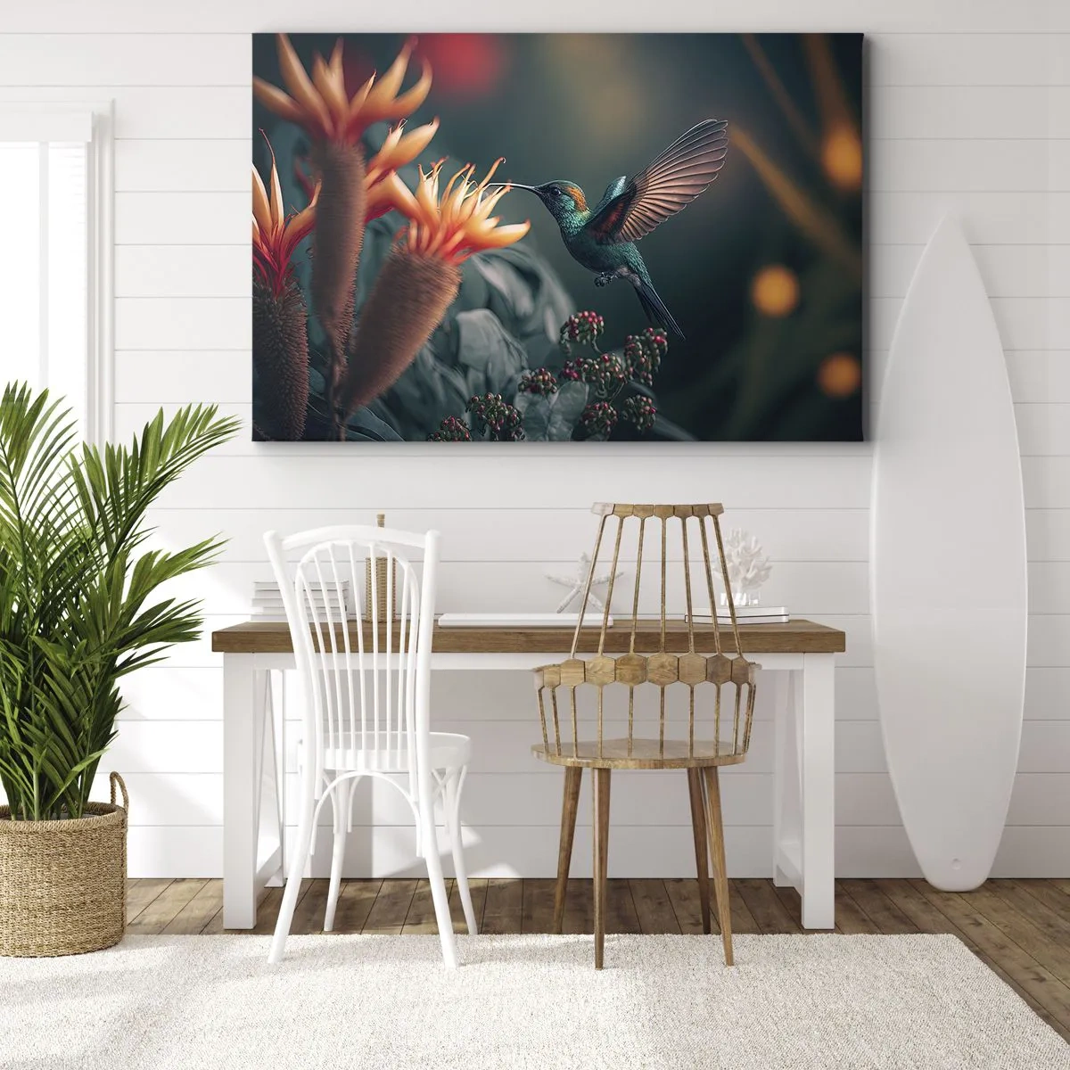 Schilderen op canvas - Een kleurrijke kolibrie bij bloemen tegen een natuurlijke achtergrond - 70x50cm - een werkelijk kleurrijk leven - Moderne wanddecoratie voor woonkamer en slaapkamer ARTTOR