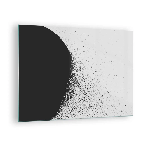 Schilderen op glas - Abstractie van een zwarte massa die uit elkaar valt op een witte achtergrond - 70x50cm - Beweging van moleculen - Moderne wanddecoratie voor woonkamer en slaapkamer ARTTOR
