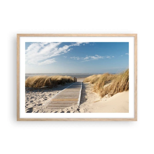 Een poster in een licht eiken lijst - Achter het duin, in het ruisen van gras - 70x50 cm