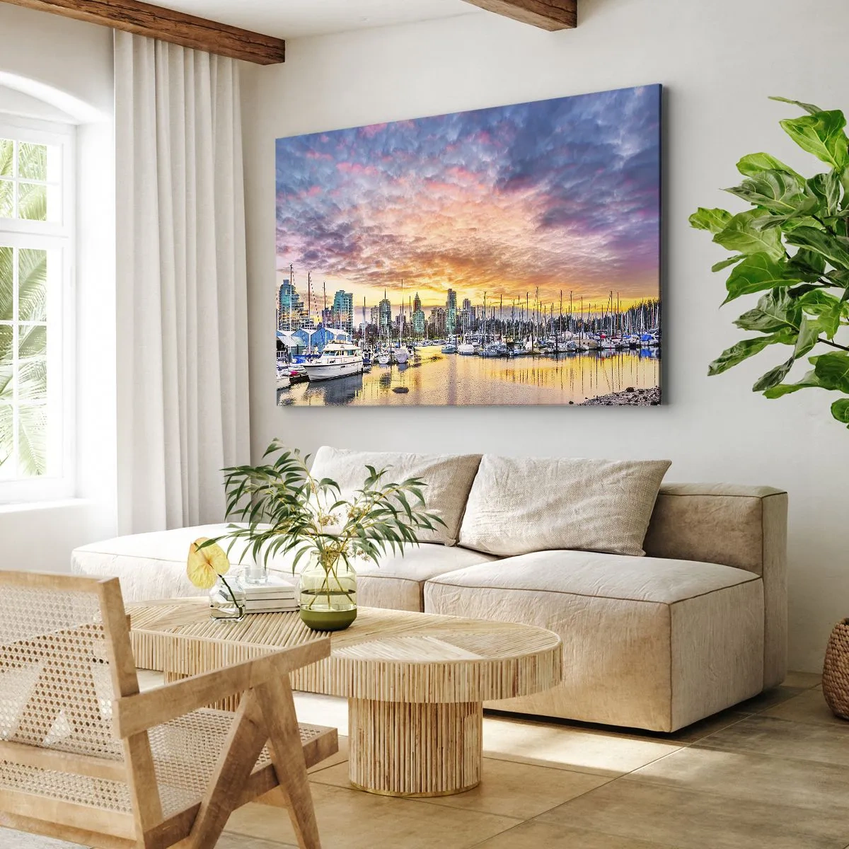 Schilderen op canvas - Jachthaven met jachten en stadsgezicht bij zonsondergang - 70x50cm - De stad van duizend zeelieden - Moderne wanddecoratie voor woonkamer en slaapkamer ARTTOR