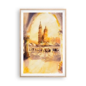 Een poster in een licht eiken lijst - Zonsopgang boven het marktplein van Krakau - 61x91 cm