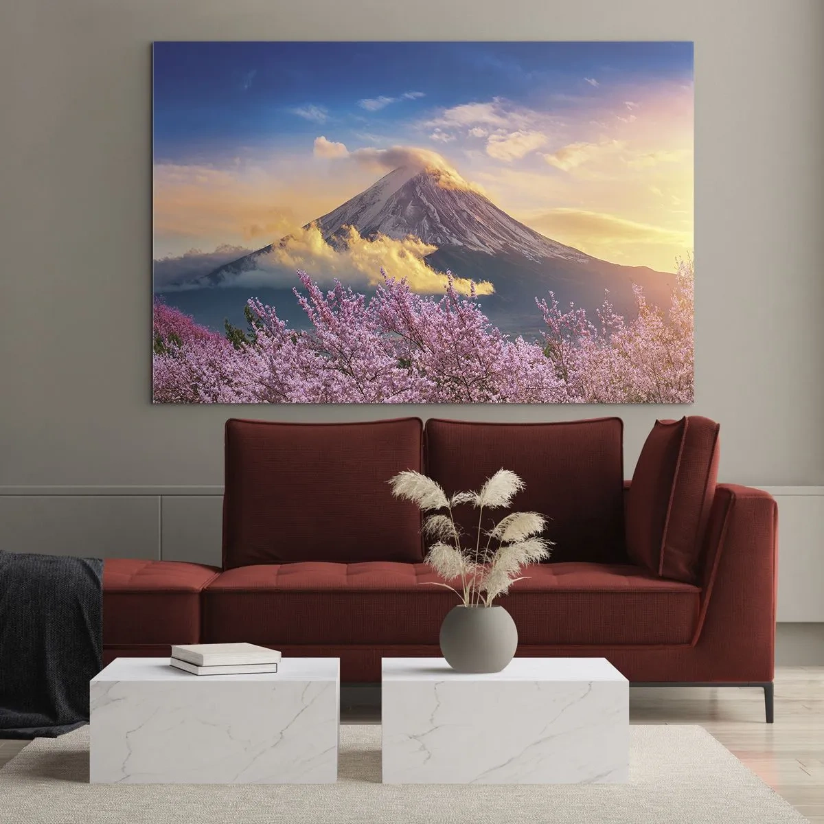 Schilderen op glas - De berg Fuji op de achtergrond met bloeiende sakurabomen op de voorgrond - 70x50cm - Japanse heiligheid - Moderne wanddecoratie voor woonkamer en slaapkamer ARTTOR