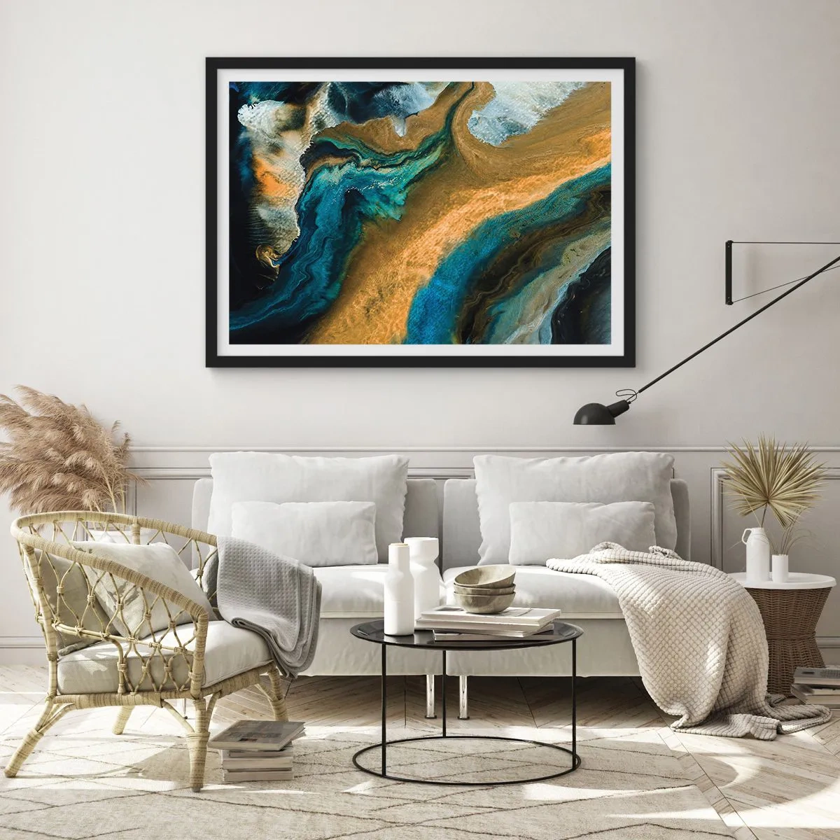 Poster in een zwarte lijst - Blauw - geel - wederzijdse invloeden - 70x50 cm