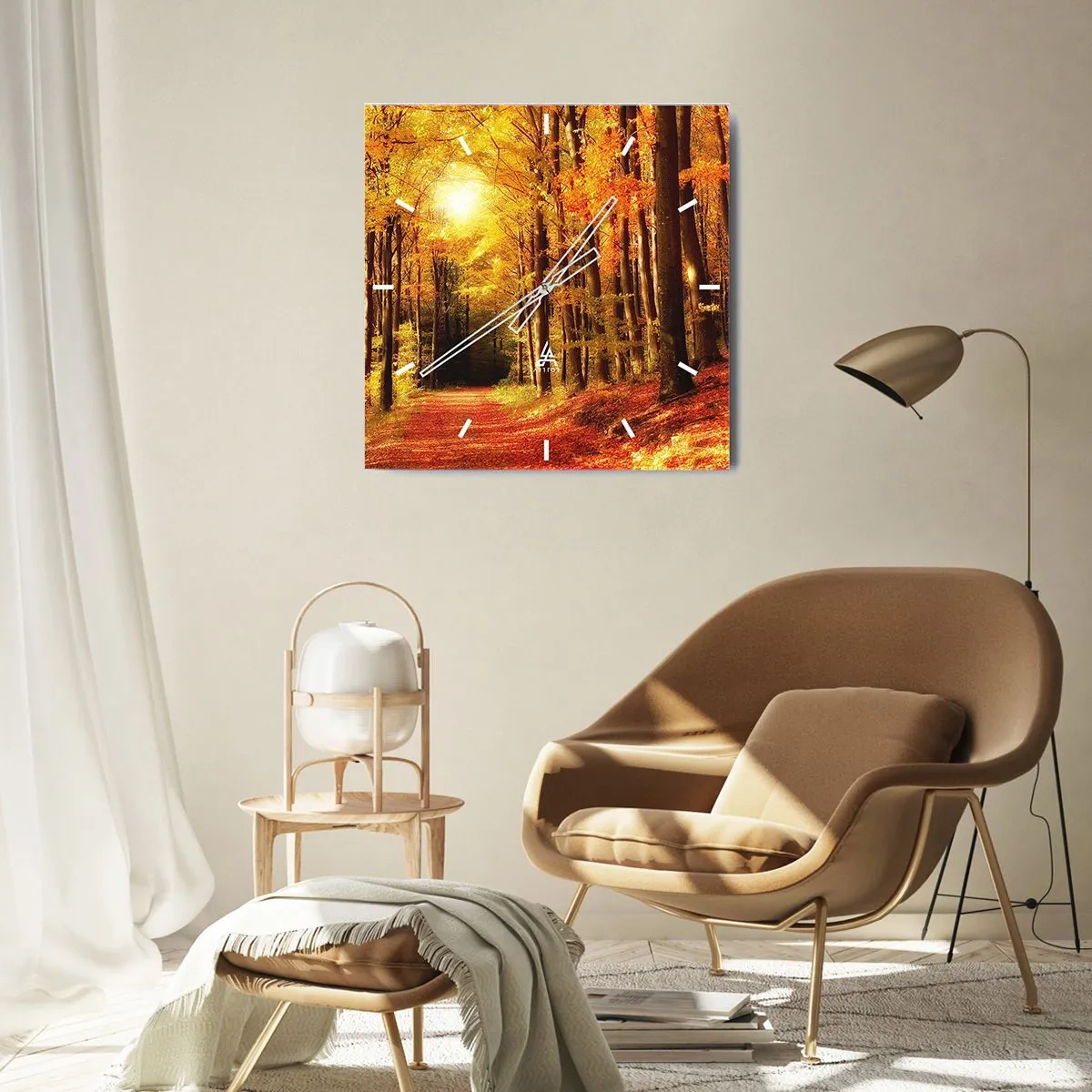 Wandklok - Klok - Gouden herfst op een bosweg - 40x40 cm