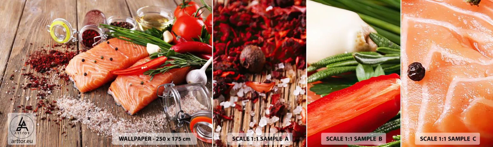 Fotobehang Monster Zelfklevend Deluxe Sticker - Noors avontuur in de keuken - Gastronomie, Zalm, Specerijen - 100x30 cm