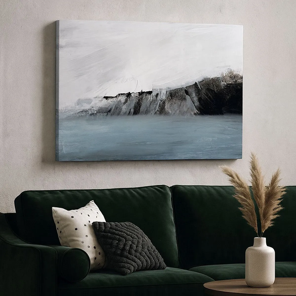 Schilderen op canvas - Abstract landschap met water en een rotsachtige kust - 70x50cm - Water – aarde: botsing der elementen - Moderne wanddecoratie voor woonkamer en slaapkamer ARTTOR