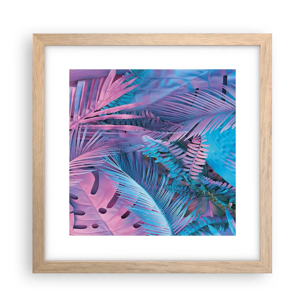 Een poster in een licht eiken lijst - Tropen in roze en blauw - 30x30 cm
