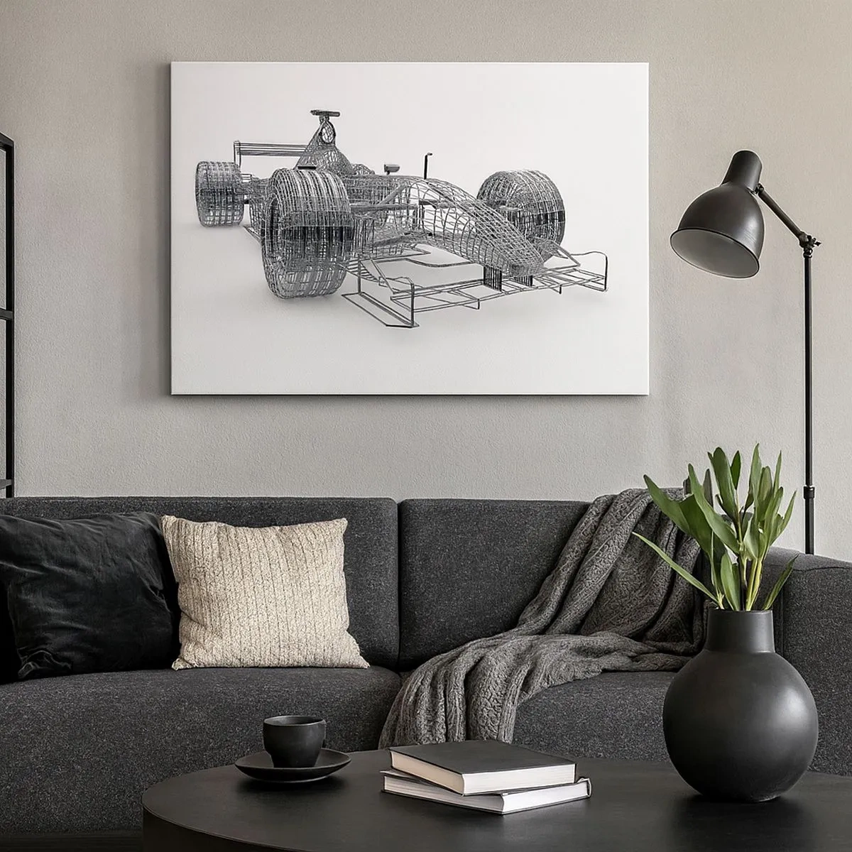 Schilderen op canvas - Een ontwerpschets van een racewagen op een lichte achtergrond - 70x50cm - Perfect ontwerp - het idee van momentum - Moderne wanddecoratie voor woonkamer en slaapkamer ARTTOR