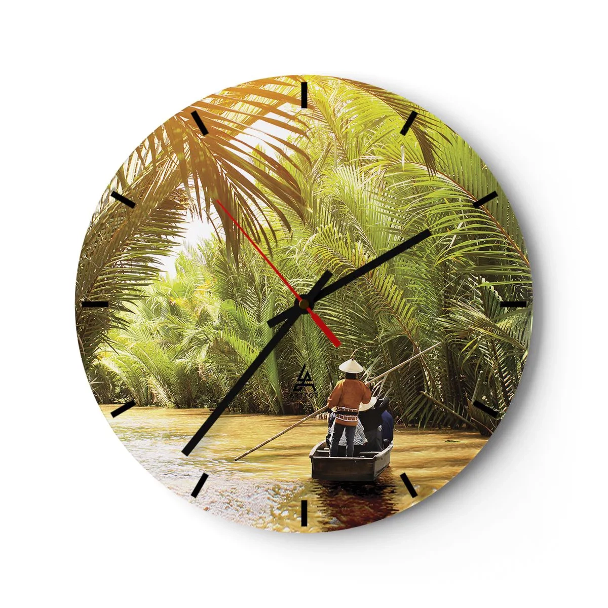 Wandklok - Klok - Mensen op een boot die door een dicht palmbos vaart - 30x30cm - Een palmravijn langs - Moderne wanddecoratie voor woonkamer, keuken en slaapkamer ARTTOR