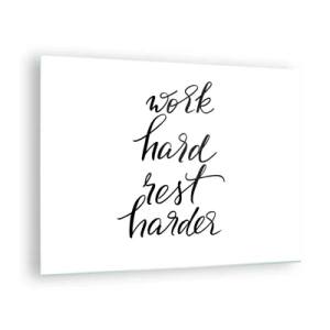 Schilderen op glas - Typografische inscriptie 'work hard rest harder' in een elegant lettertype - 70x50cm - Levensbalans - Moderne wanddecoratie voor woonkamer en slaapkamer ARTTOR