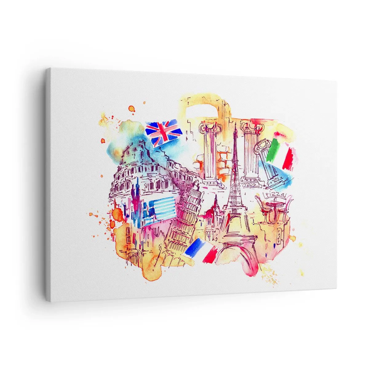 Schilderen op canvas - Aquarel van Europese symbolen met landvlaggen - 70x50cm - Europese tour - Moderne wanddecoratie voor woonkamer en slaapkamer ARTTOR
