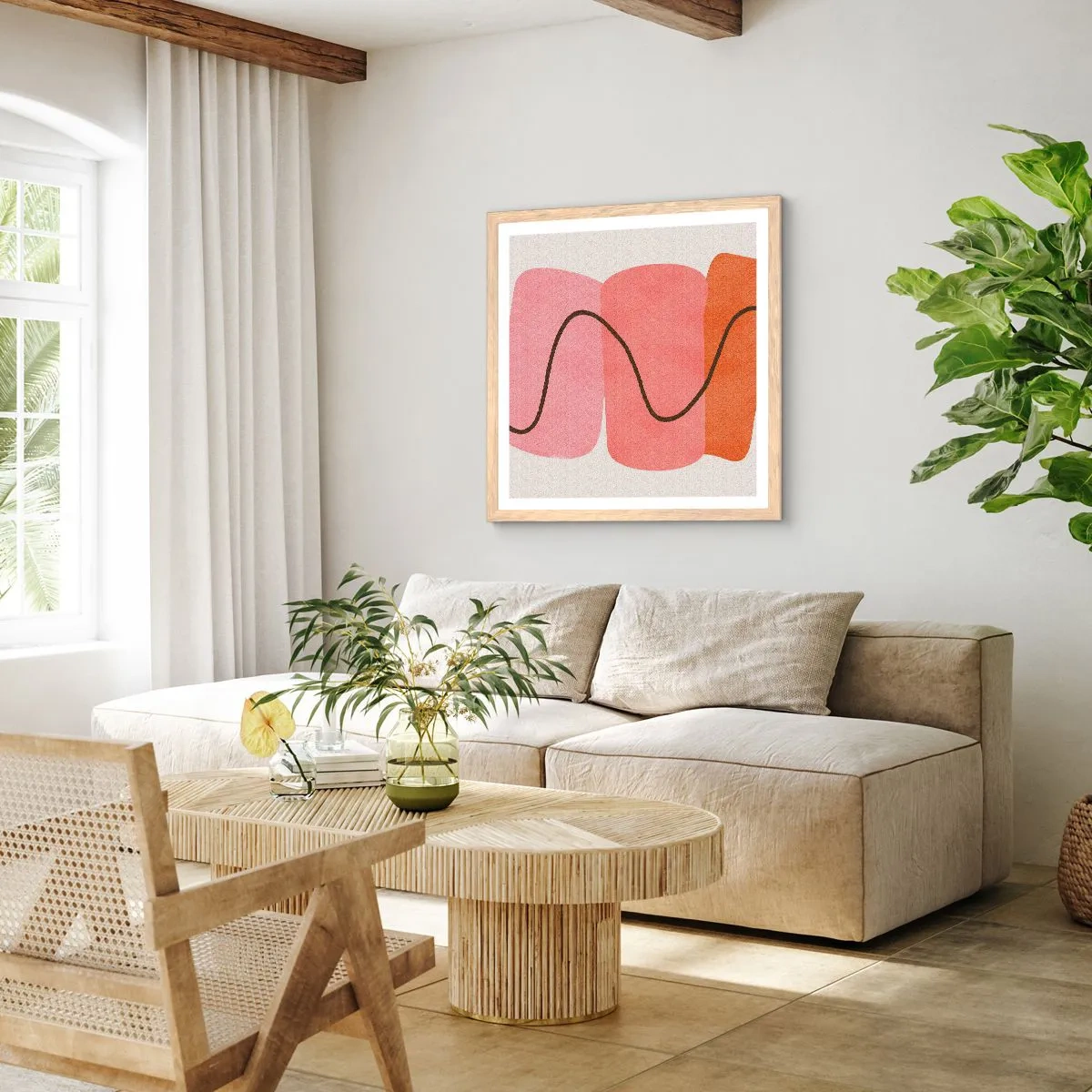 Een poster in een licht eiken lijst - zachte beweging van vormen - 60x60 cm