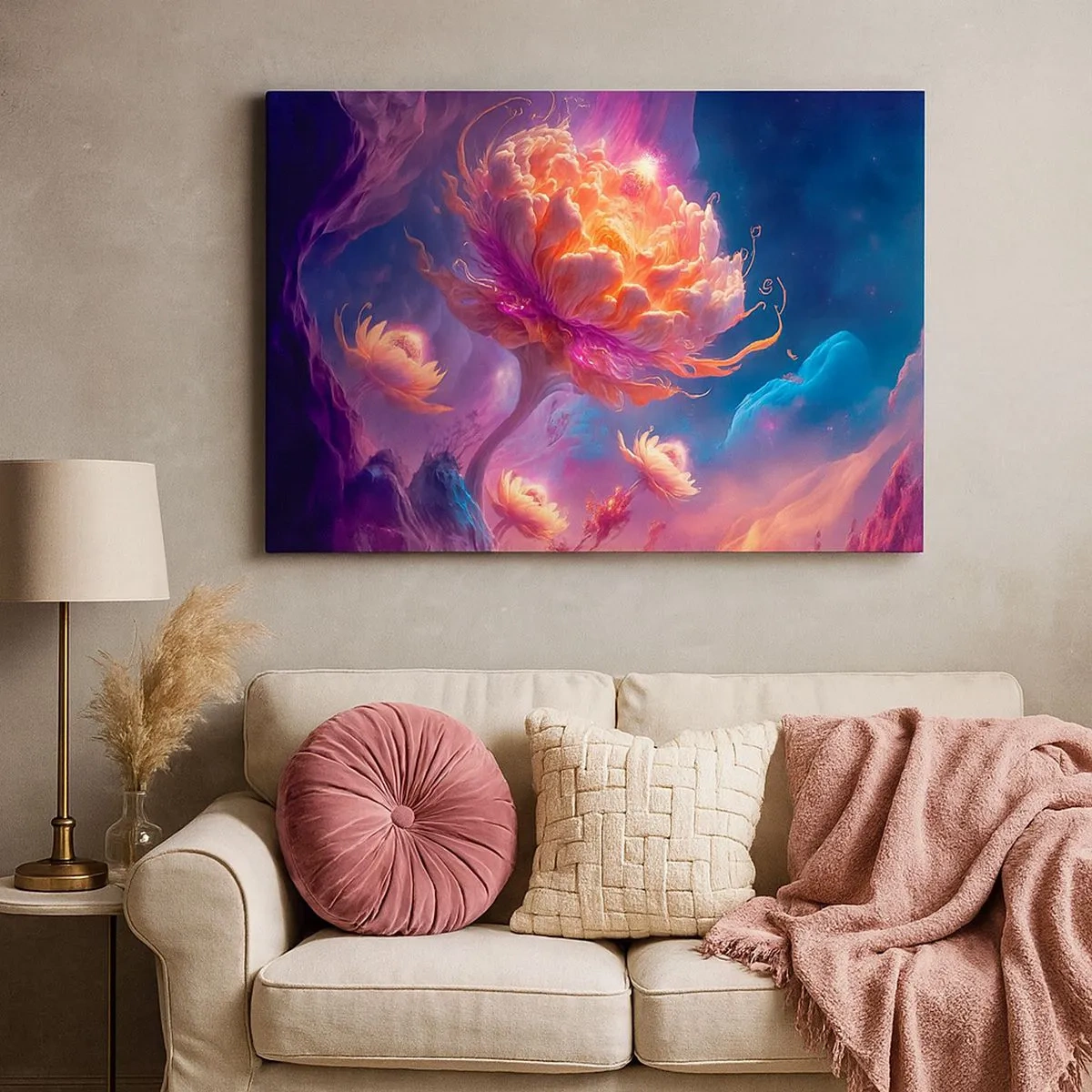 Schilderen op canvas - Fantasiebloemen in een kosmisch landschap - 70x50cm - Andere wereld - Moderne wanddecoratie voor woonkamer en slaapkamer ARTTOR