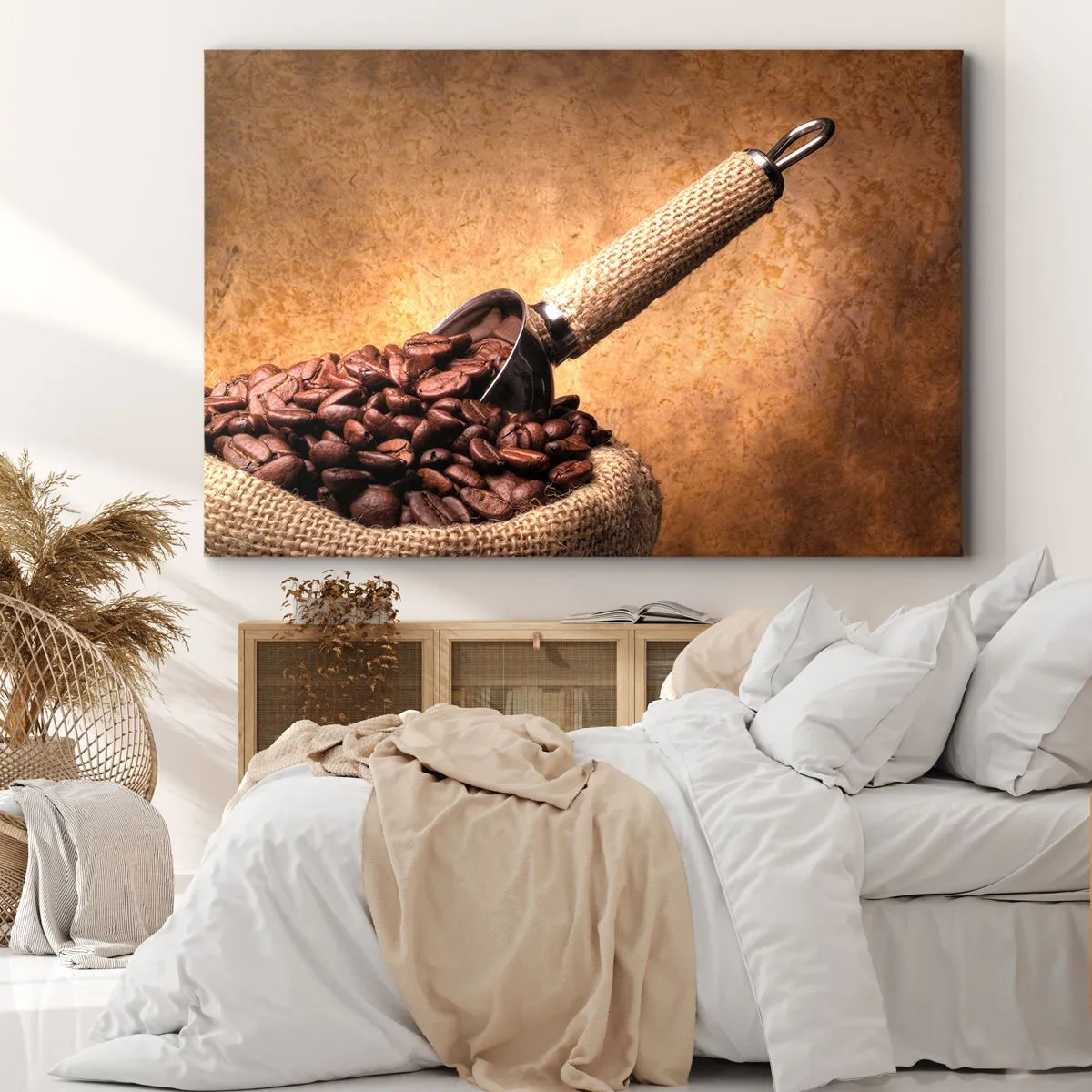 Schilderen op canvas - Koffiebonen in een jute zak met een metalen lepel - 70x50cm - Aan de bron van de smaak - Moderne wanddecoratie voor woonkamer en slaapkamer ARTTOR