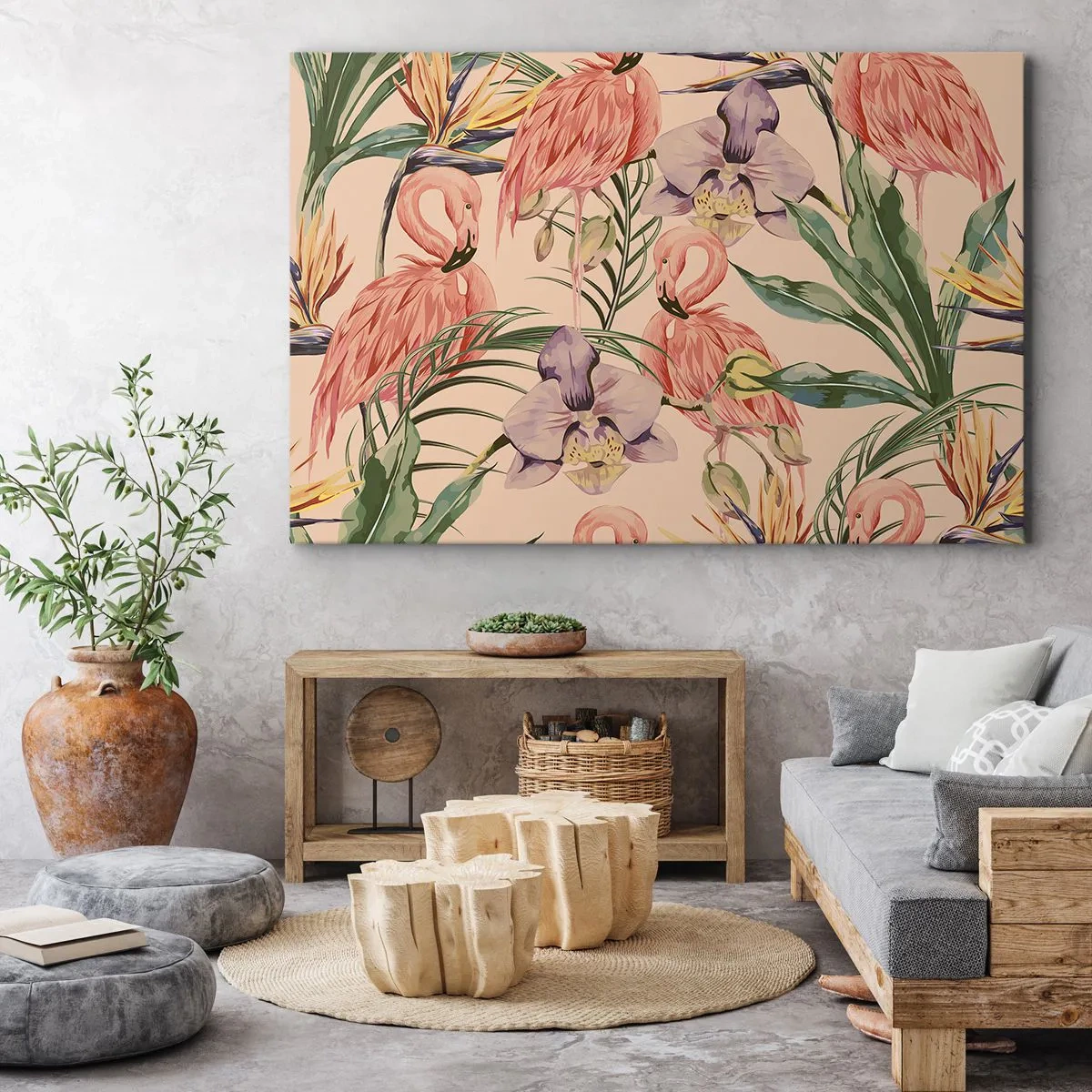 Schilderen op canvas - Flamingo's en tropische bloemen op een lichte achtergrond - 70x50cm - Roze ballet in bloemen - Moderne wanddecoratie voor woonkamer en slaapkamer ARTTOR