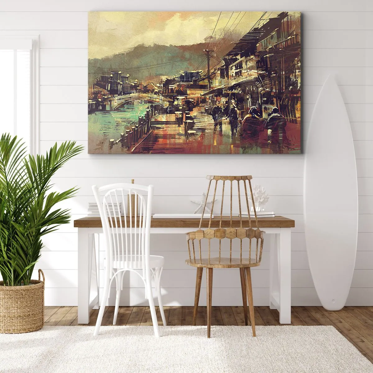 Schilderen op canvas - Een stad met een brug en artistiek vormgegeven straten - 70x50cm - Het leven als een rijkdom aan grijs - Moderne wanddecoratie voor woonkamer en slaapkamer ARTTOR