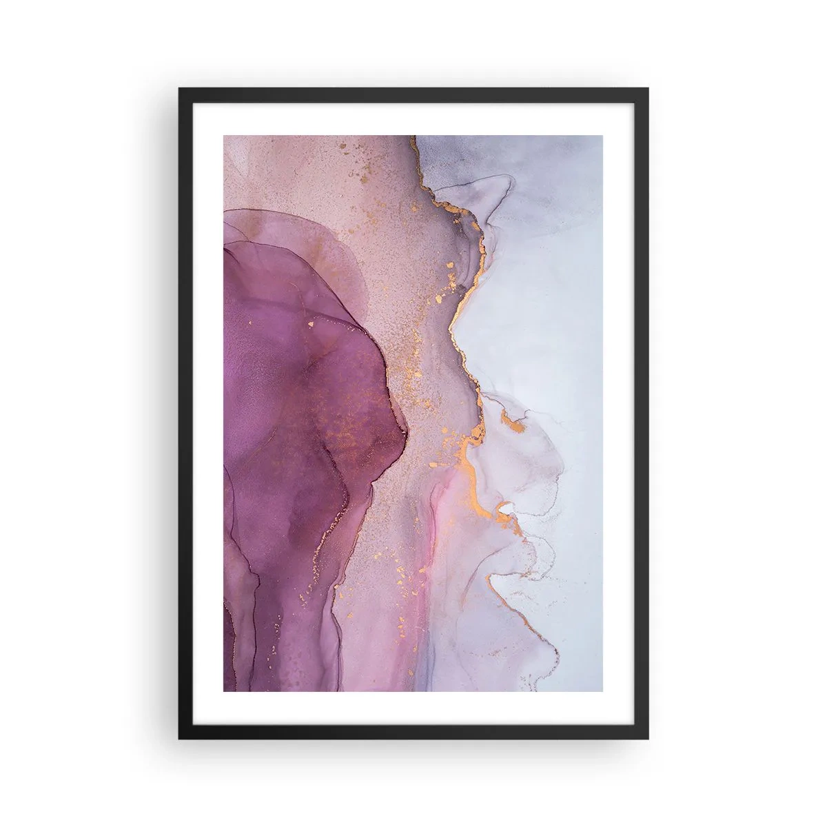 Poster in een zwarte lijst - Abstracte golven in tinten lila en paars met gouden accenten - 50x70cm - Lila en paarse golven - Moderne wanddecoratie voor woonkamer en slaapkamer ARTTOR