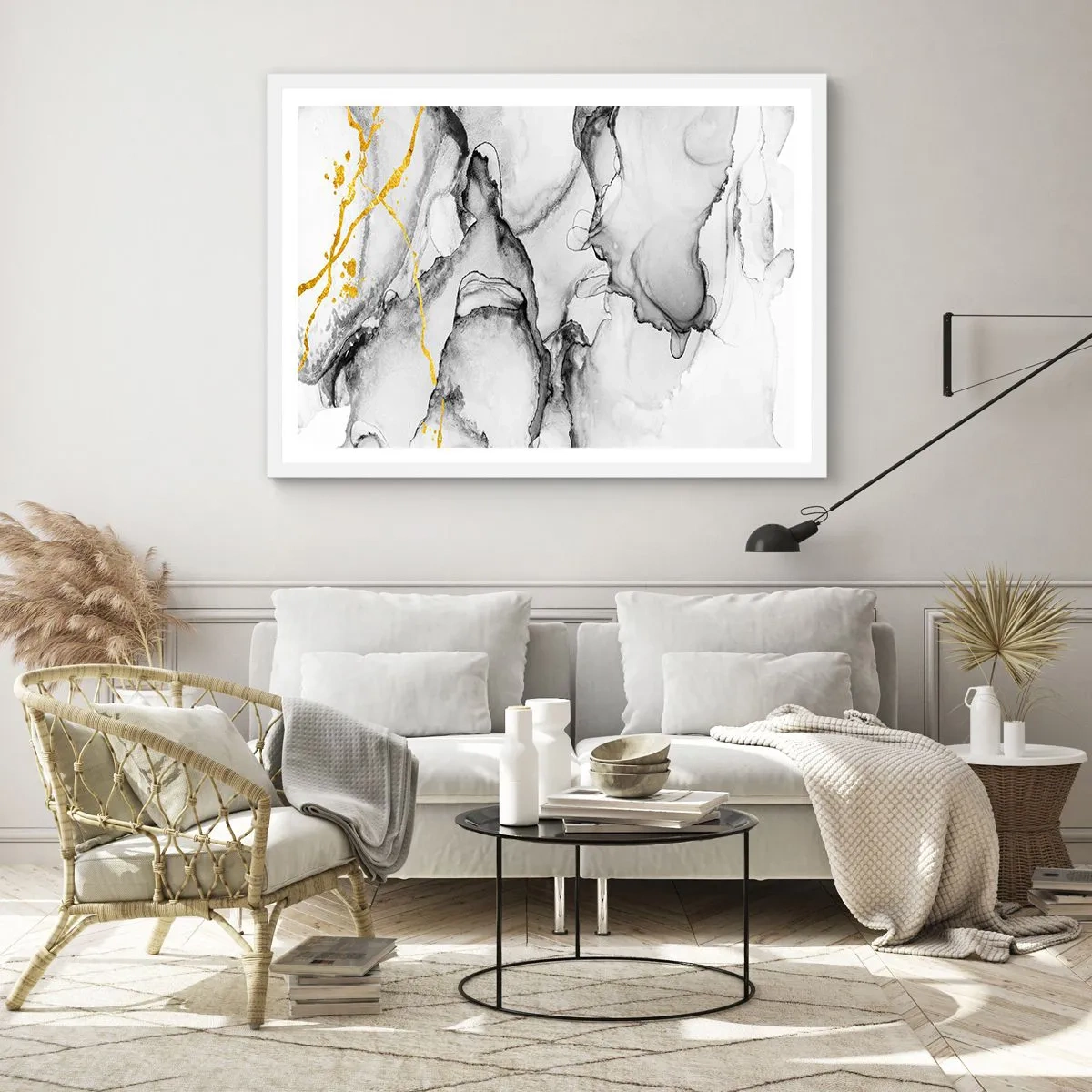 Poster in een witte lijst - Compositie met een gouden motief - 40x30 cm