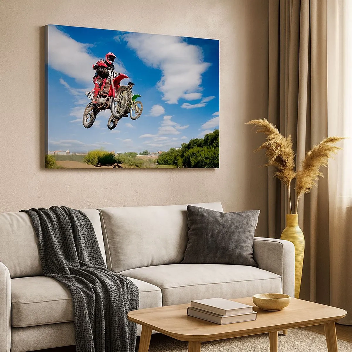 Schilderen op canvas - Motorcrossers in de lucht tijdens een sprong - 70x50cm - Luchtsprong - Moderne wanddecoratie voor woonkamer en slaapkamer ARTTOR