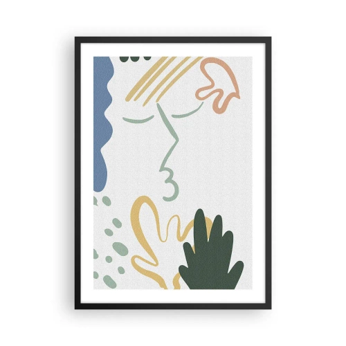 Poster in een zwarte lijst - Abstract portret in pastels - 50x70cm - Kus van bloemen - Moderne wanddecoratie voor woonkamer en slaapkamer ARTTOR