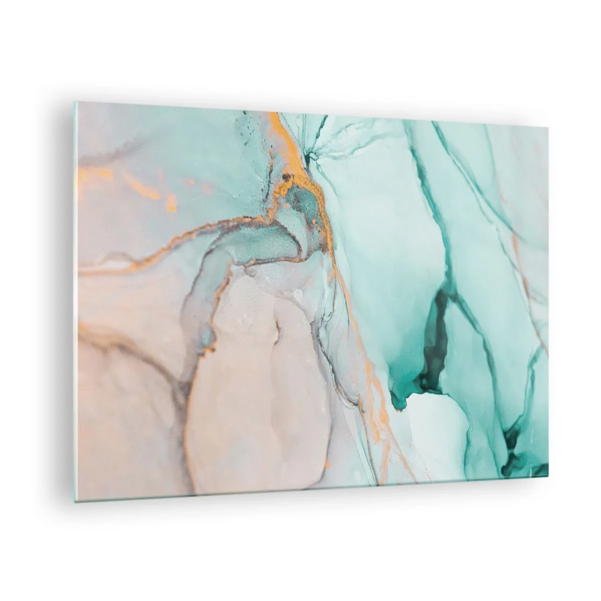 Schilderen op glas - Een abstracte compositie in tinten turquoise en goud. - 70x50cm - Een dans van vormen en kleuren - Moderne wanddecoratie voor woonkamer en slaapkamer ARTTOR