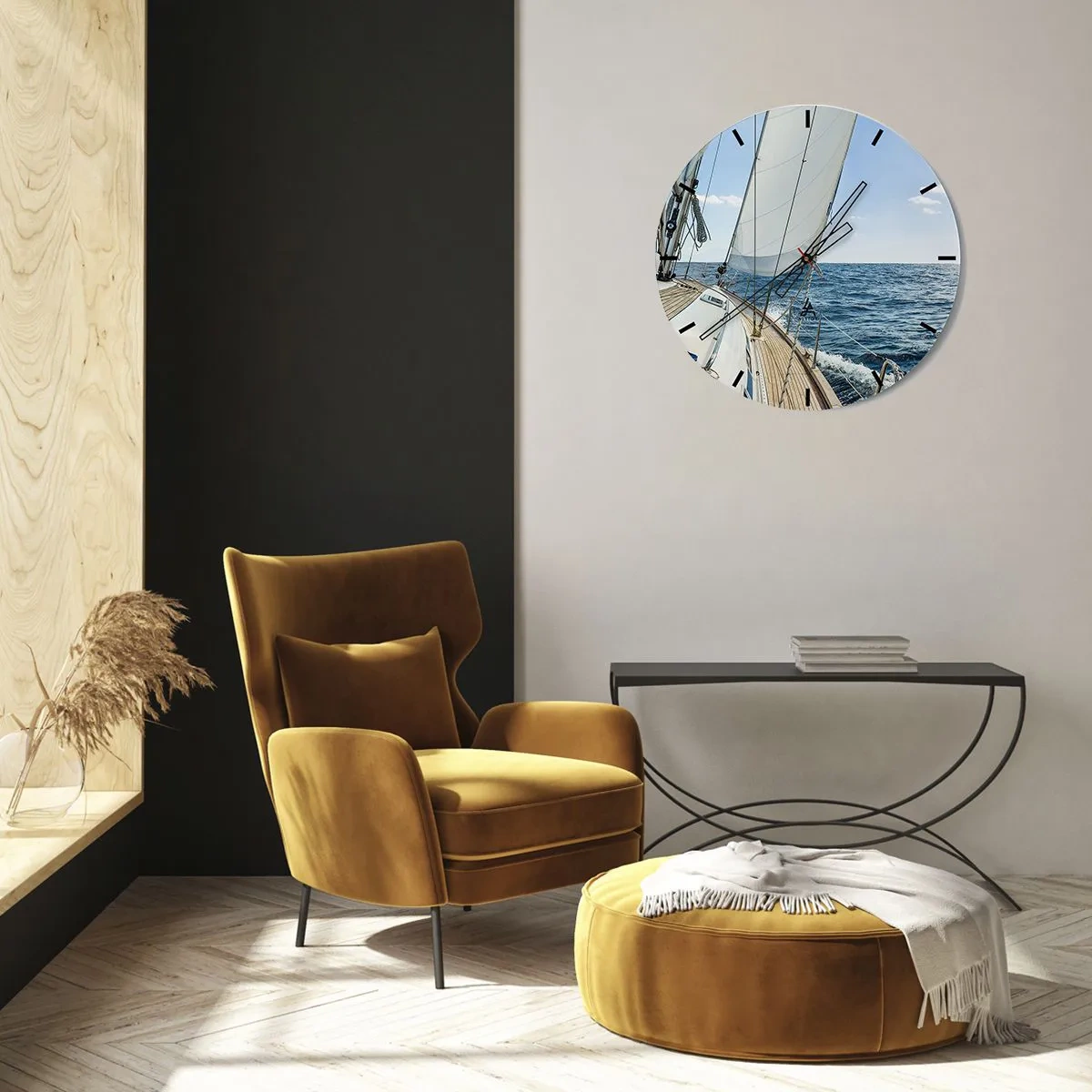 Wandklok - Klok - Het dek van een zeilboot op open zee op een zonnige dag - 30x30cm - Ahoi, avontuur - Moderne wanddecoratie voor woonkamer, keuken en slaapkamer ARTTOR