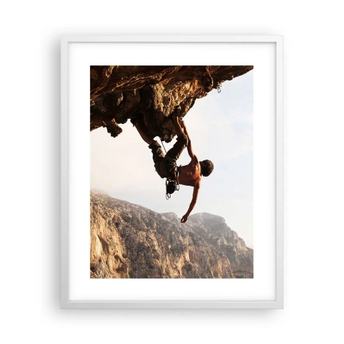 Poster in een witte lijst - De wereld gekrompen in een hand op een rotsblok  - 40x50 cm