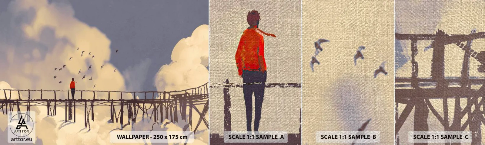 Fotobehang Monster Premium Canvas - Blauw verlangen - Abstractie, Brug, Wolken - 100x30 cm