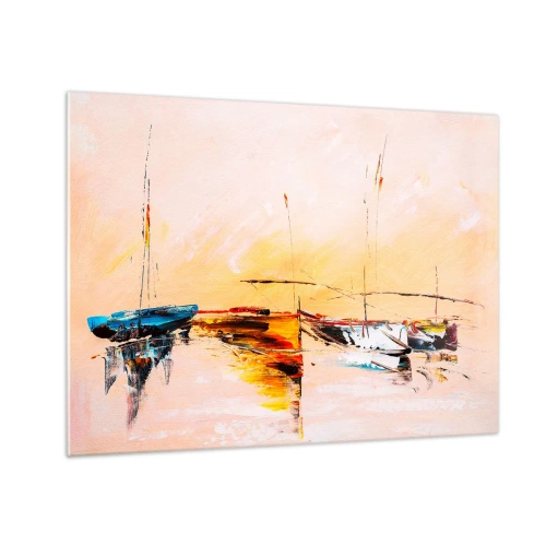 Schilderen op glas - Kleurrijke boten afgemeerd tegen een impressionistische zonsondergangachtergrond - 70x50cm - Avond in de jachthaven - Moderne wanddecoratie voor woonkamer en slaapkamer ARTTOR
