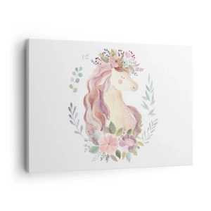 Schilderen op canvas - Een eenhoorn in pastelkleuren omringd door bloemen - 70x50cm - Een uitnodiging in de wereld van sprookjes - Moderne wanddecoratie voor woonkamer en slaapkamer ARTTOR