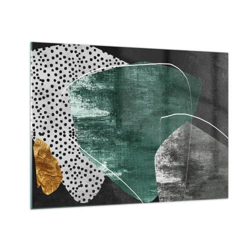 Schilderen op glas - Groene vormen met een zwarte achtergrond en een gouden accent - 70x50cm - Kleurrijke abstractie met bladgoud - Moderne wanddecoratie voor woonkamer en slaapkamer ARTTOR