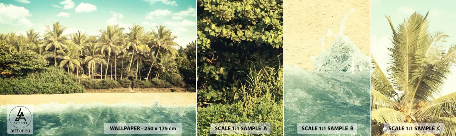 Fotobehang Monster Zelfklevend Deluxe Sticker - Hoe zit het hier? - Landschap, Strand, Kokospalm - 100x30 cm