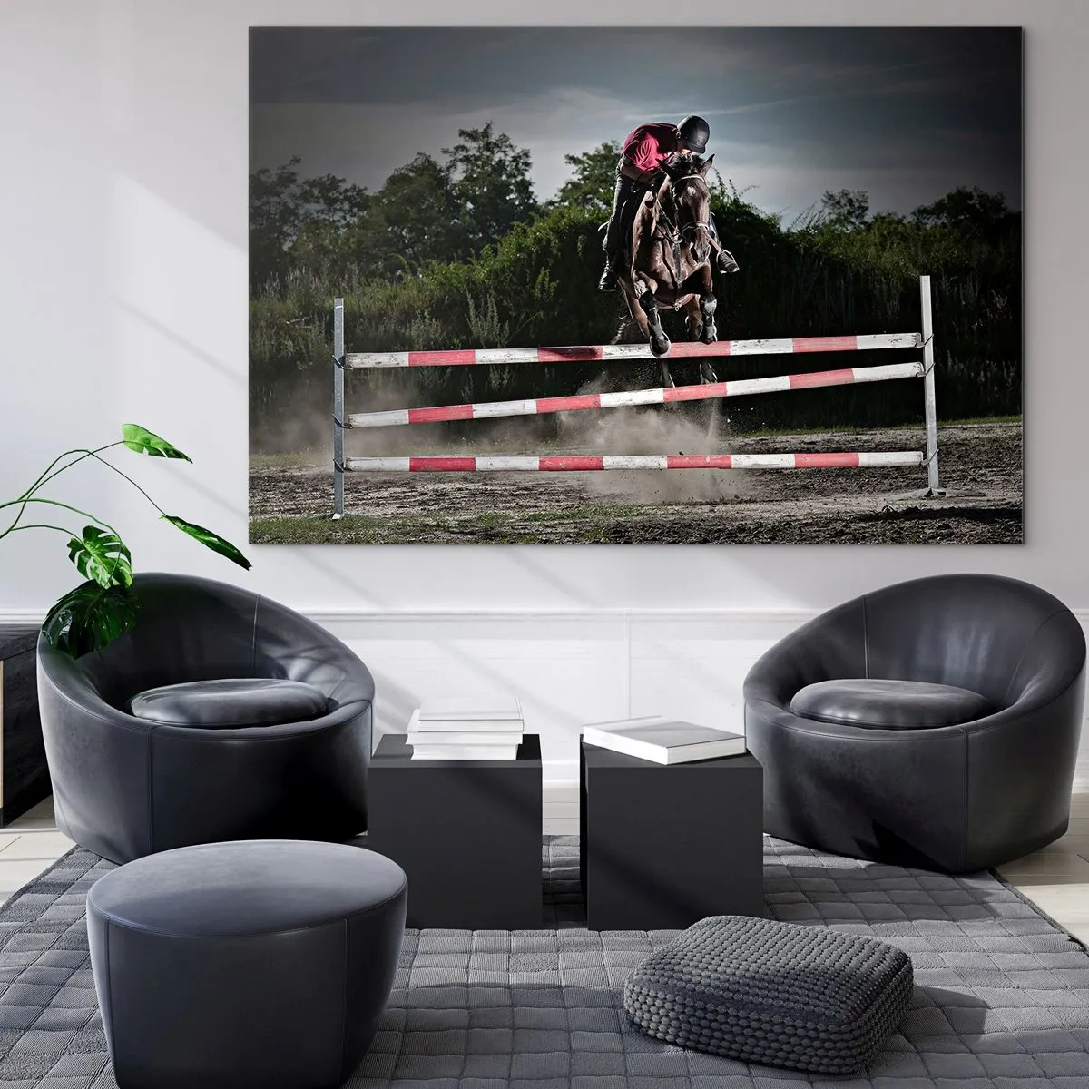 Schilderen op glas - Een ruiter op een paard springt over een hindernis tegen de achtergrond van de natuur - 70x50cm - Samen naar de overwinning - Moderne wanddecoratie voor woonkamer en slaapkamer ARTTOR