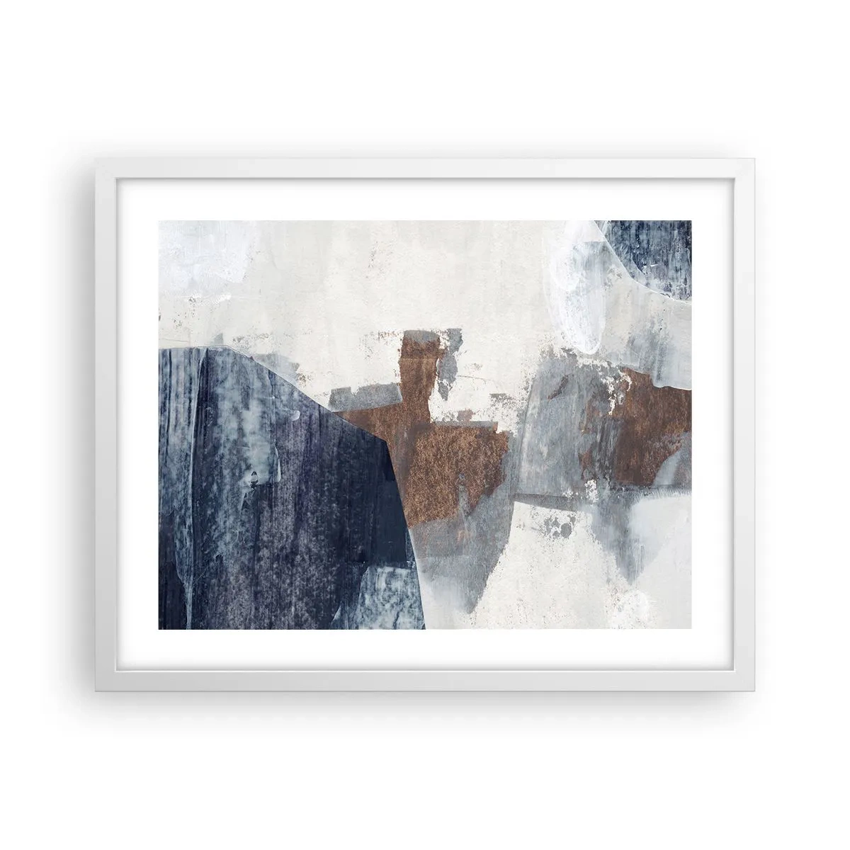 Poster in een witte lijst - Blauwe en bruine vormen - 50x40 cm