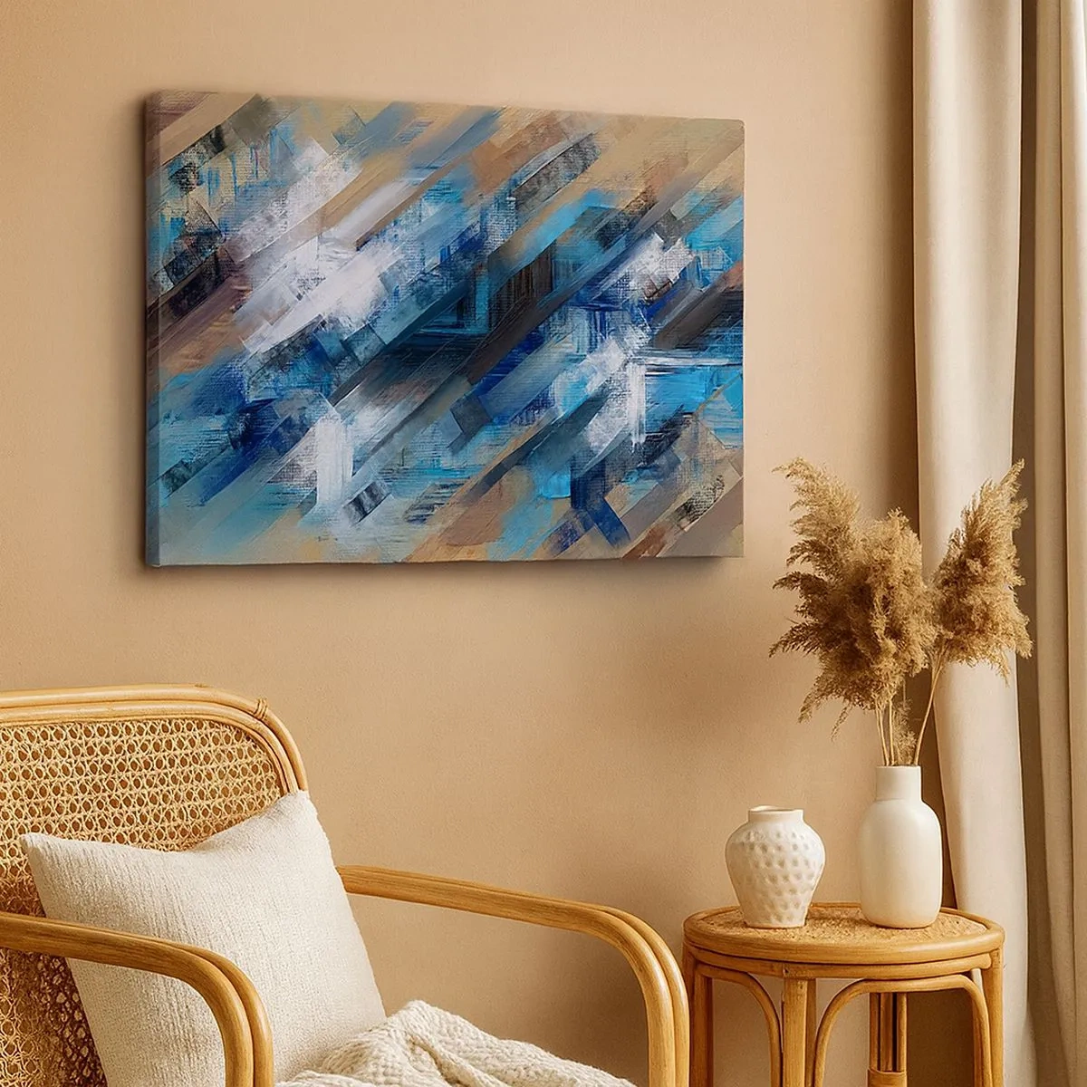 Schilderen op canvas - Abstracte compositie met blauwe diagonale lijnen - 70x50cm - Op een blauwe diagonaal - Moderne wanddecoratie voor woonkamer en slaapkamer ARTTOR