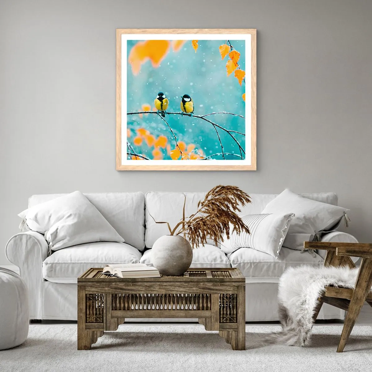 Een poster in een licht eiken lijst - Vogelroddel - 30x30 cm