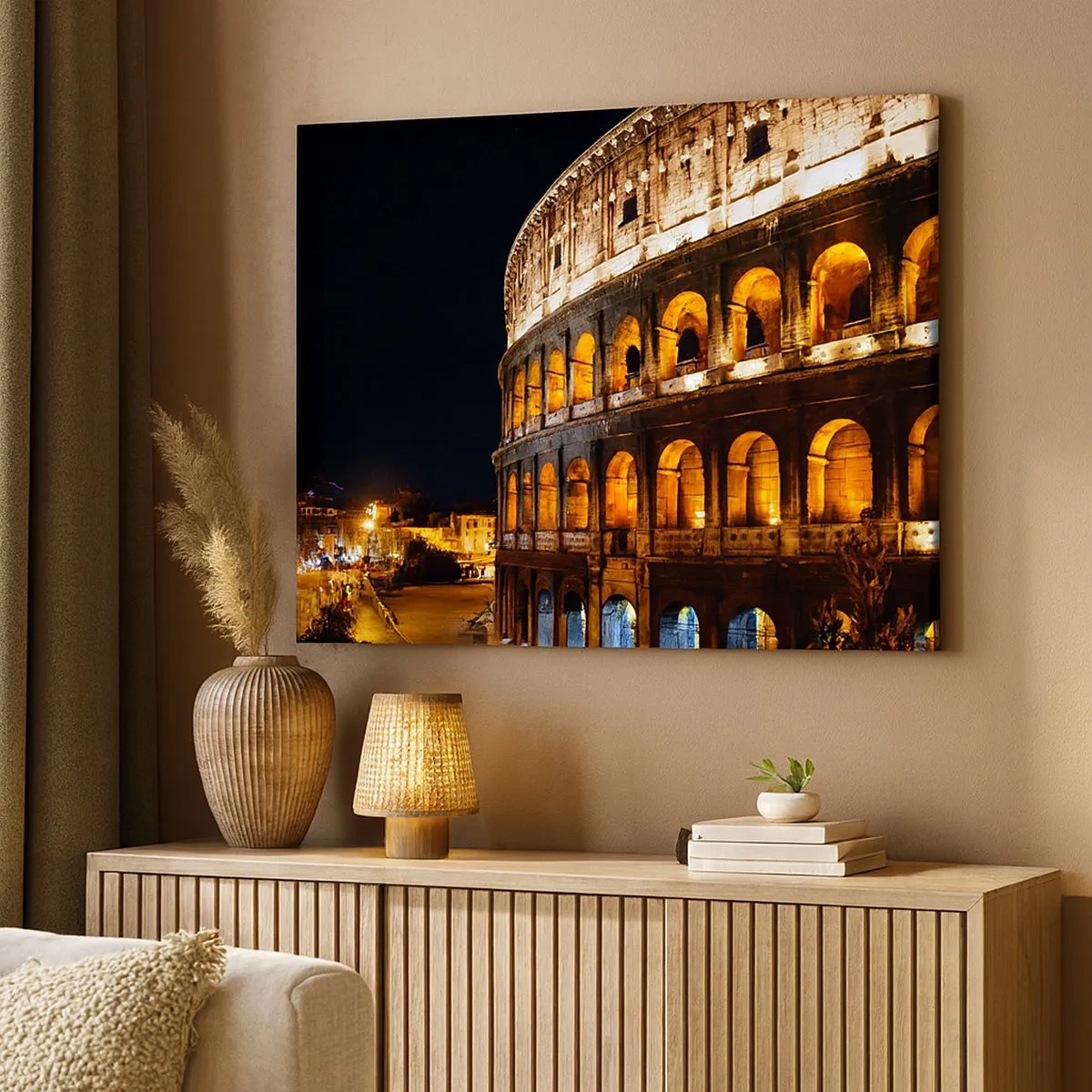 Schilderen op canvas - Het Colosseum verlicht door lichtjes 's nachts in Rome - 70x50cm - Het is tijd om de Olympische Spelen te starten - Moderne wanddecoratie voor woonkamer en slaapkamer ARTTOR