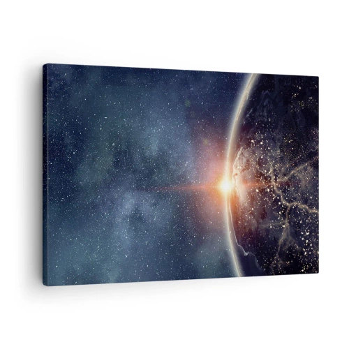 Schilderen op canvas - Aarde gezien vanuit de ruimte met de opkomende zon - 70x50cm - In een nieuw perspectief - Moderne wanddecoratie voor woonkamer en slaapkamer ARTTOR
