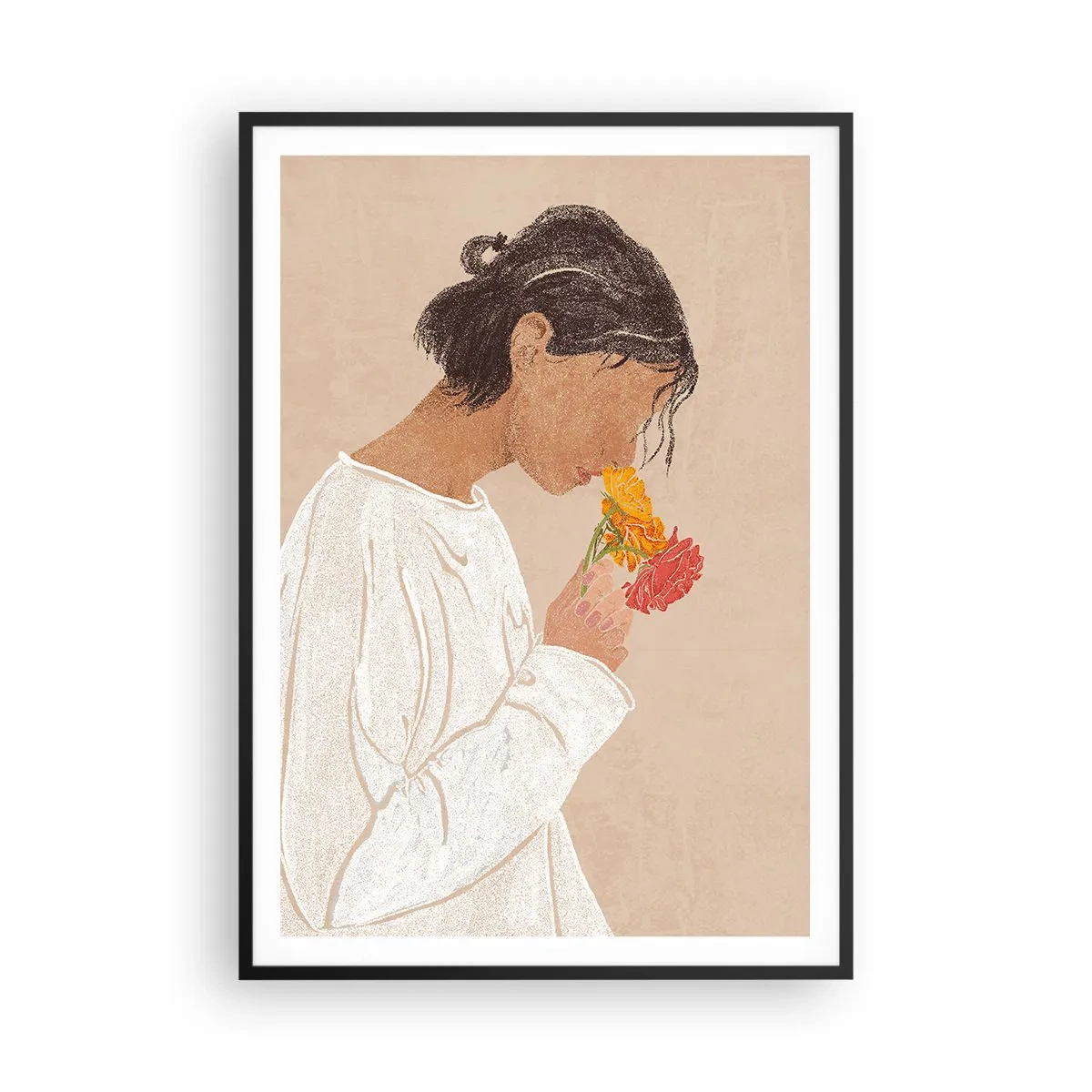 Poster in een zwarte lijst - Meisje en bloemen - 70x100 cm