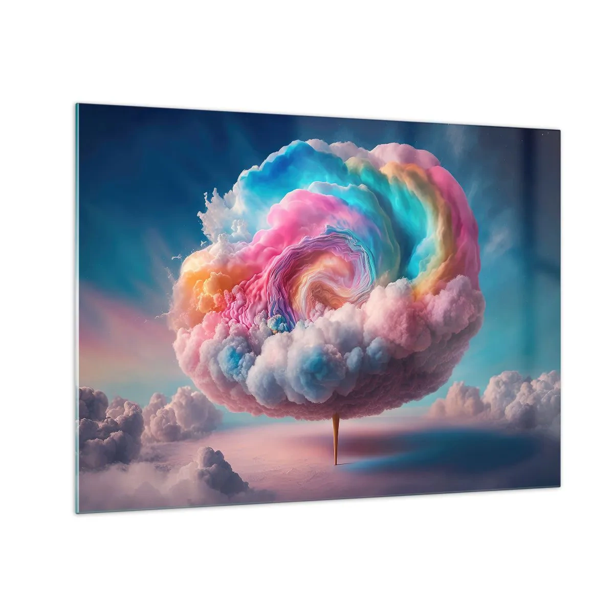Schilderen op glas - Een fantasierijke wolk in pastelkleuren die op suikerspin lijkt. - 70x50cm - De droom van een pretpark - Moderne wanddecoratie voor woonkamer en slaapkamer ARTTOR