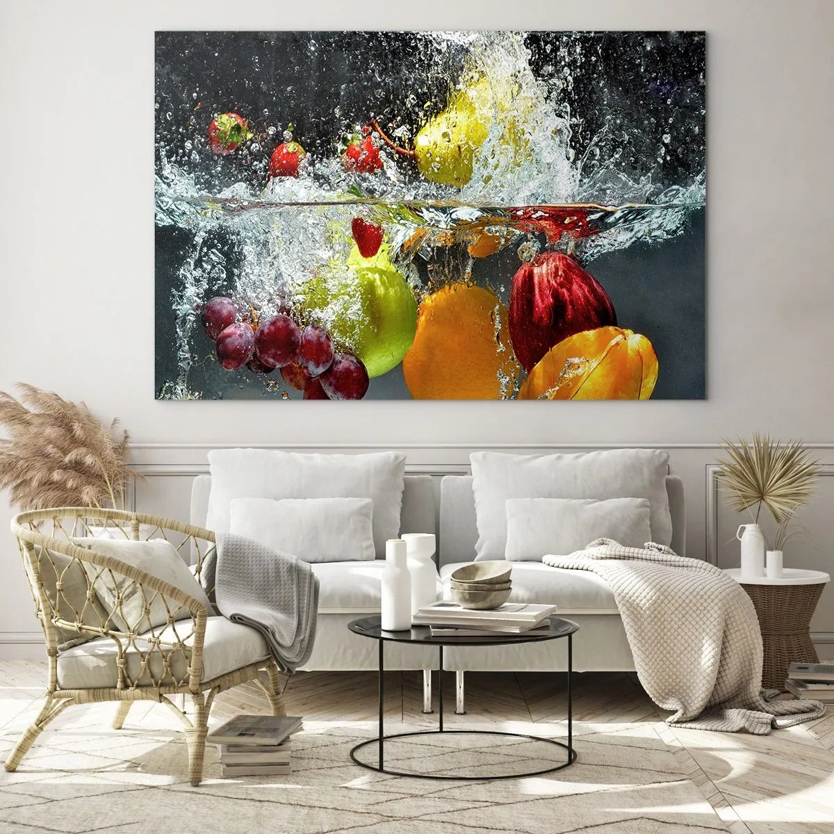 Schilderen op glas - Fruit ondergedompeld in water met dynamische spatten - 70x50cm - Fruit verfrissing - Moderne wanddecoratie voor woonkamer en slaapkamer ARTTOR