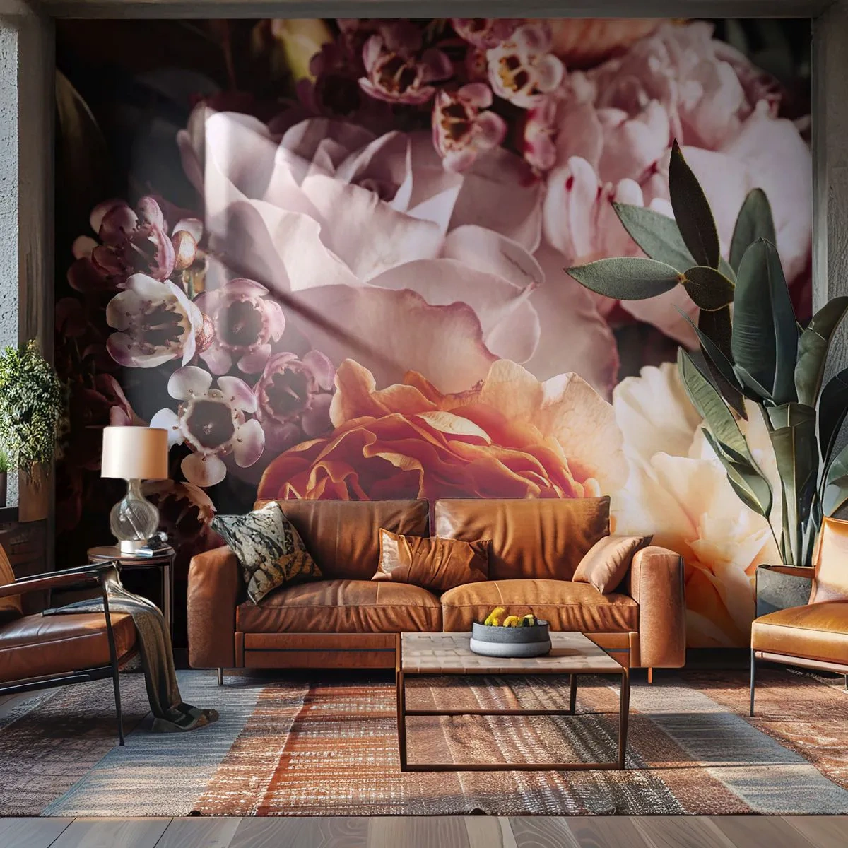 Fotobehang Premium Sand - Gehuld in schoonheid - Bloemen, Boeket bloemen, Roos - 100x70 cm