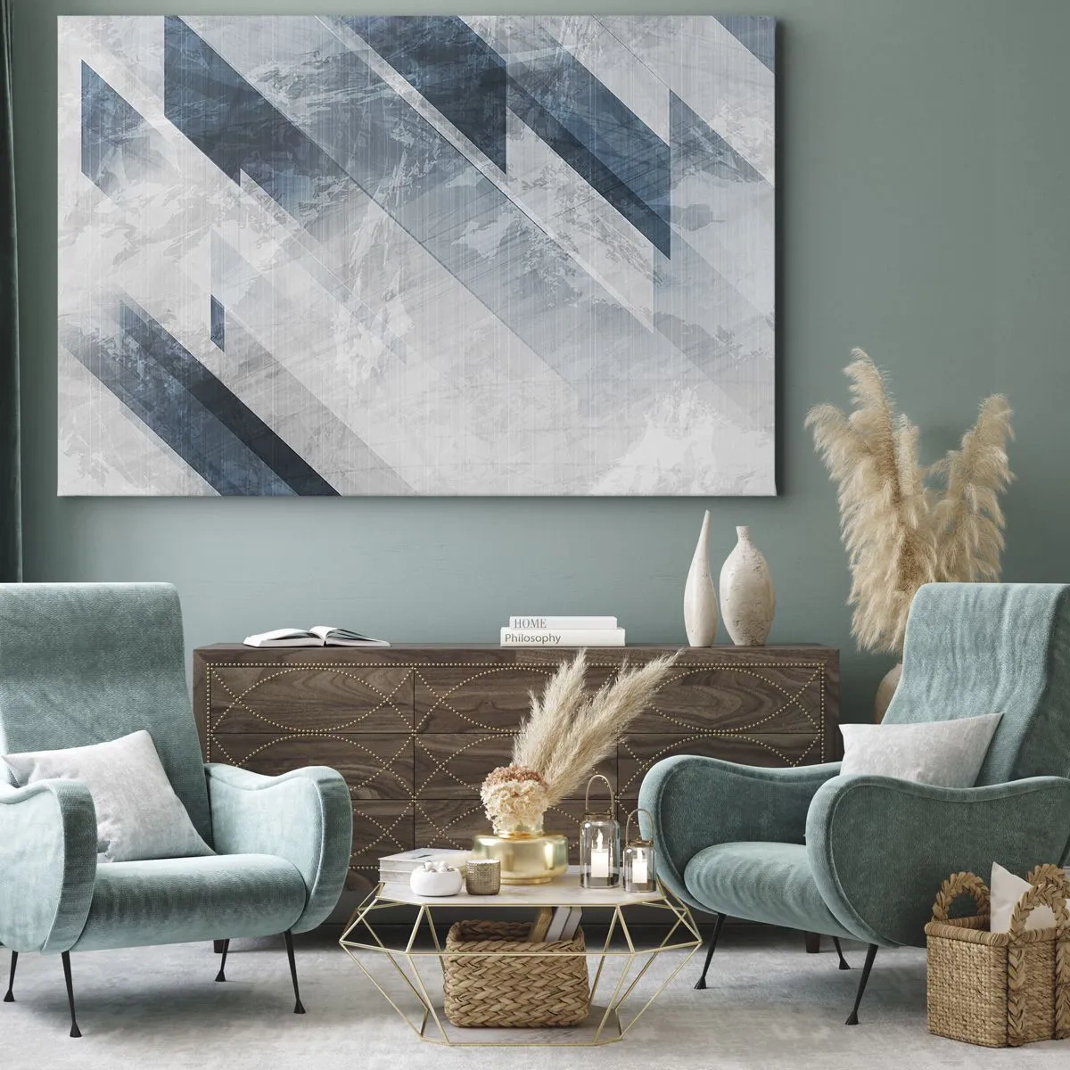 Schilderen op canvas - Abstracte lijnen in tinten grijs en blauw - 70x50cm - Ruimtelijke compositie - grijze beweging - Moderne wanddecoratie voor woonkamer en slaapkamer ARTTOR
