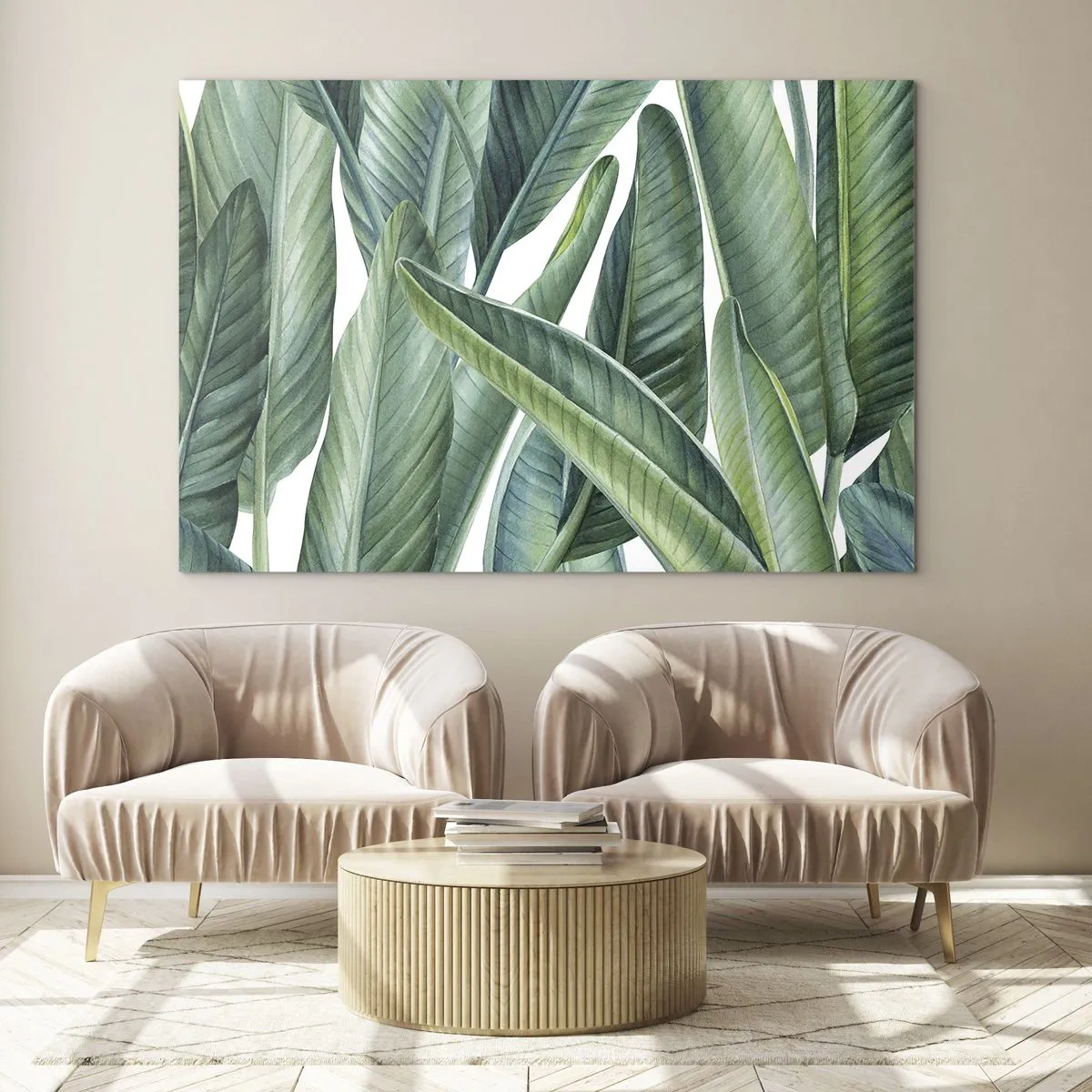 Schilderen op glas - Tropische bladeren in tinten groen - 70x50cm - Groen zelf - Moderne wanddecoratie voor woonkamer en slaapkamer ARTTOR