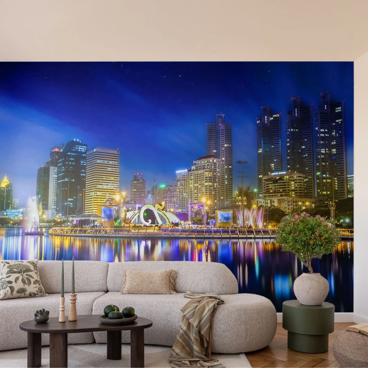 Fotobehang Premium Canvas - Regenboognacht in de metropool - Stad, Bangkok, Architectuur - 250x175 cm