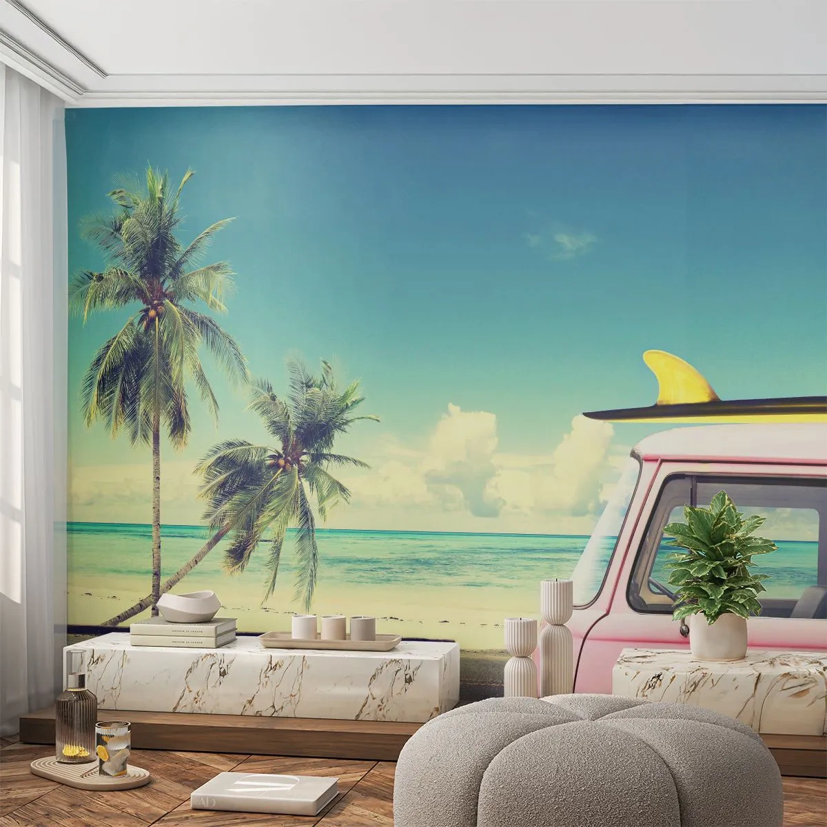 Zelfklevend Fotobehang Deluxe Sticker - Tijd om aan je vakantie te beginnen. - Landschap, Strand, Surfen - 250x175 cm